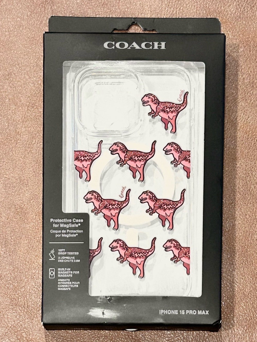 Coach Rexy Glitter Dinosaur iPhone 15 Pro Max MagSafe Clear Hard Shell Case NEW